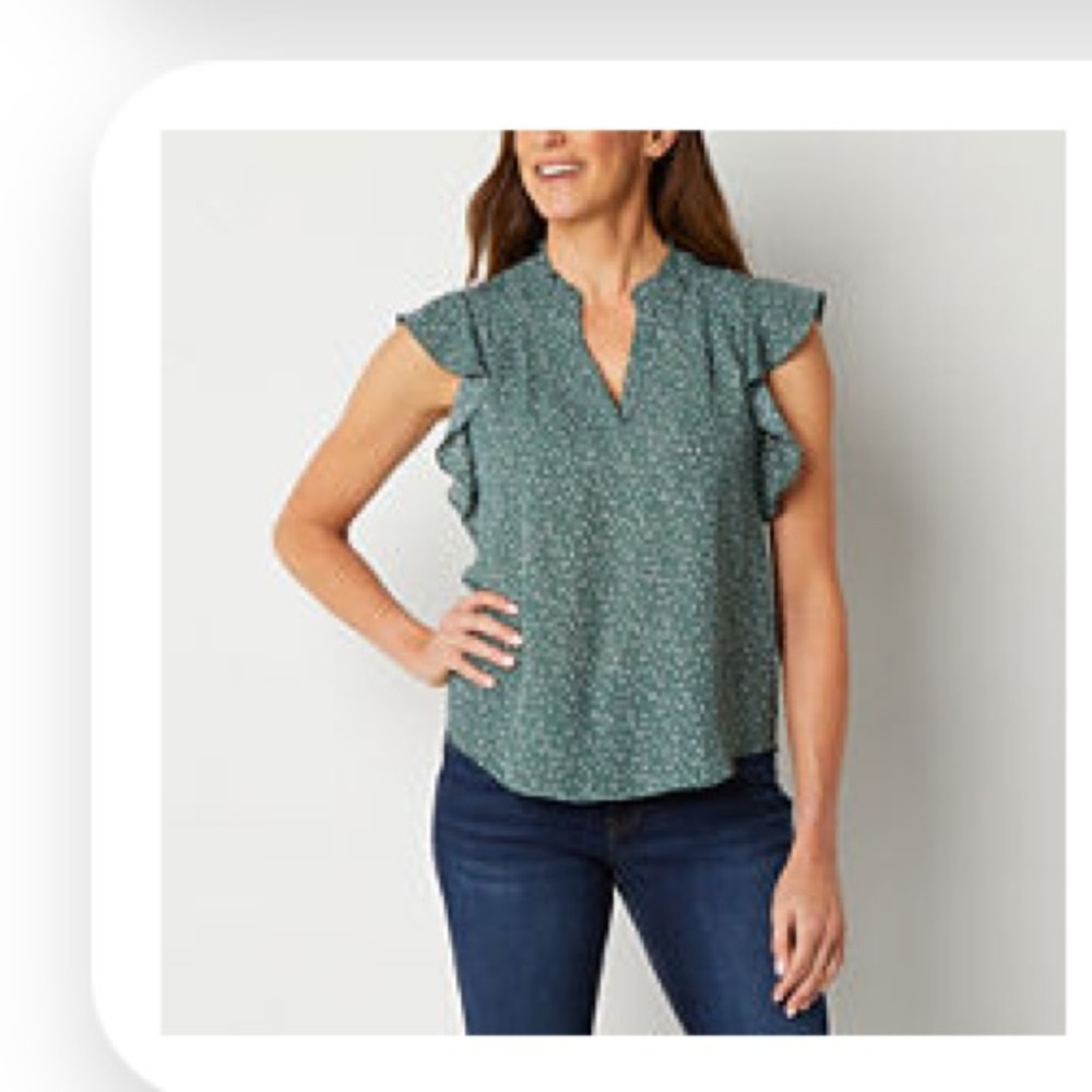 Liz Claiborne Split Crew Neck Green Ruffle Sleeve Top, XL.